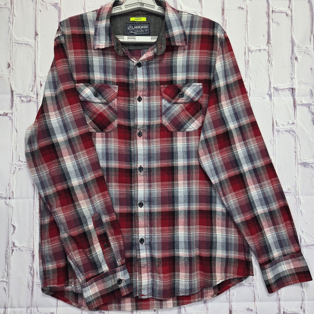 American Rag Mens Large Slim Fit Plaid Button Down Shirt Red White Blue Cotton